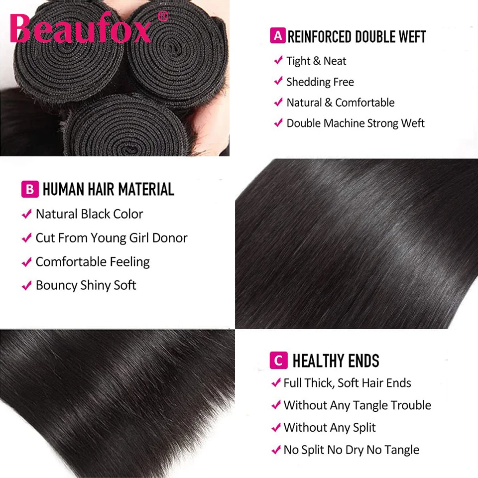 Beaufox feixes de cabelo humano em linha reta com fechamento tecer cabelo indiano pacotes de cabelo humano com fechamento negócio pacotes de cabelo humano