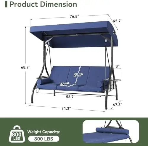 Outdoor Porch Swing with Stand and Canopy, 3 Seats Outdoor Swings for Adults, Convertible 2 in 1 Swing Bed with Cup