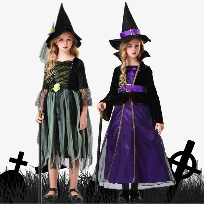 

Children's Green Wild Princess Witch Dress Halloween Magic Witch Role Play Cos Performance Costume Fairy Tale Theme Outfit