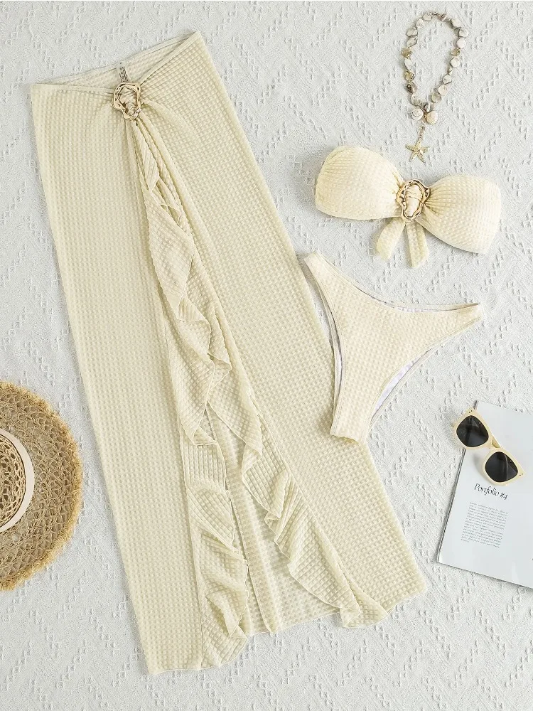 Gonna lunga vintage da donna Costume da bagno 3 pezzi Bikini a fascia Vita alta Push Up in metallo pieghettato 2025 Nuovi abiti da spiaggia costume da bagno donna