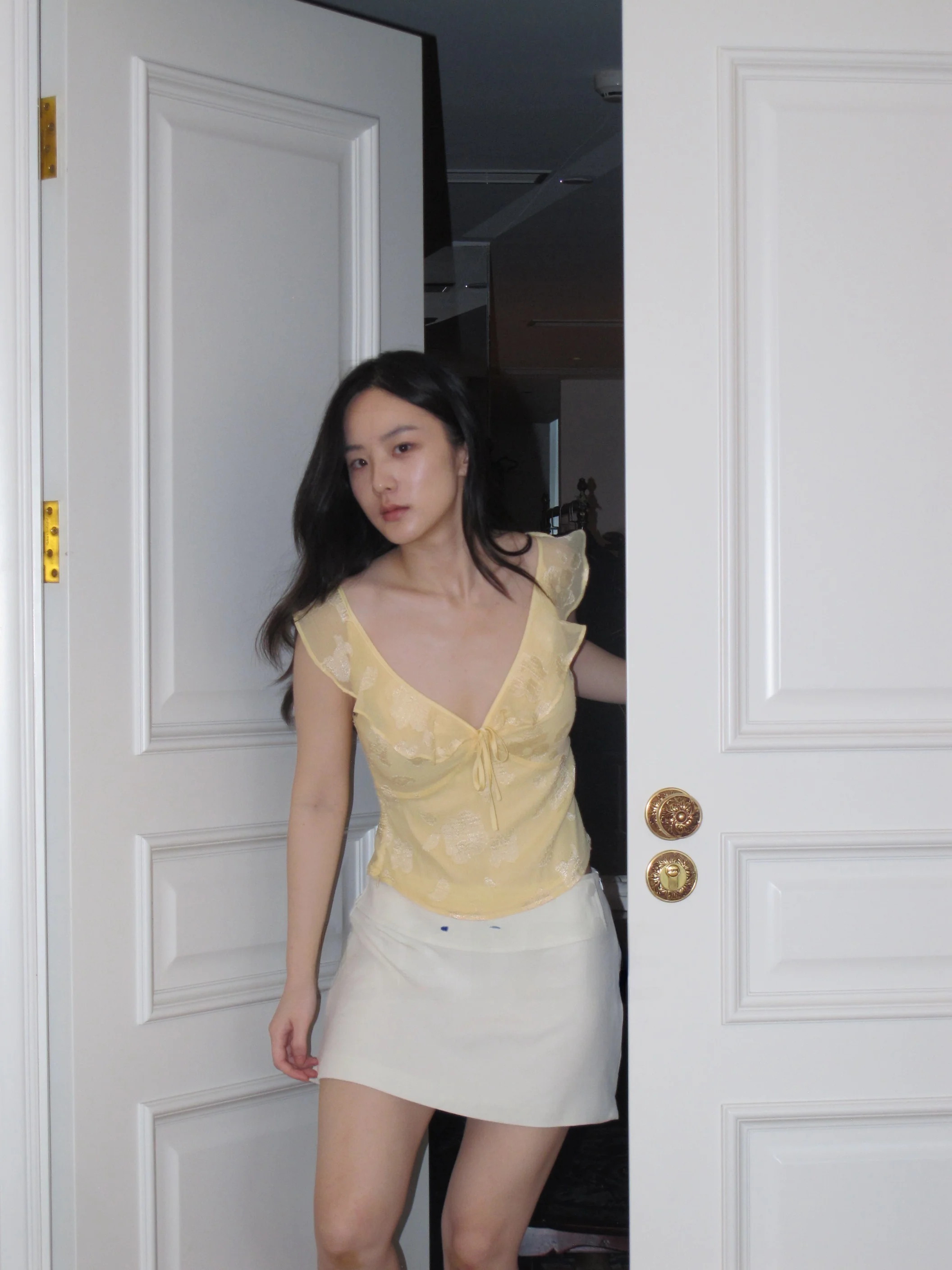 

Adjustable Strap Buttercup Waltz Yellow Embroidery Lace Hem Chiffon Women's Vest Top Faionable Busin Knot or...