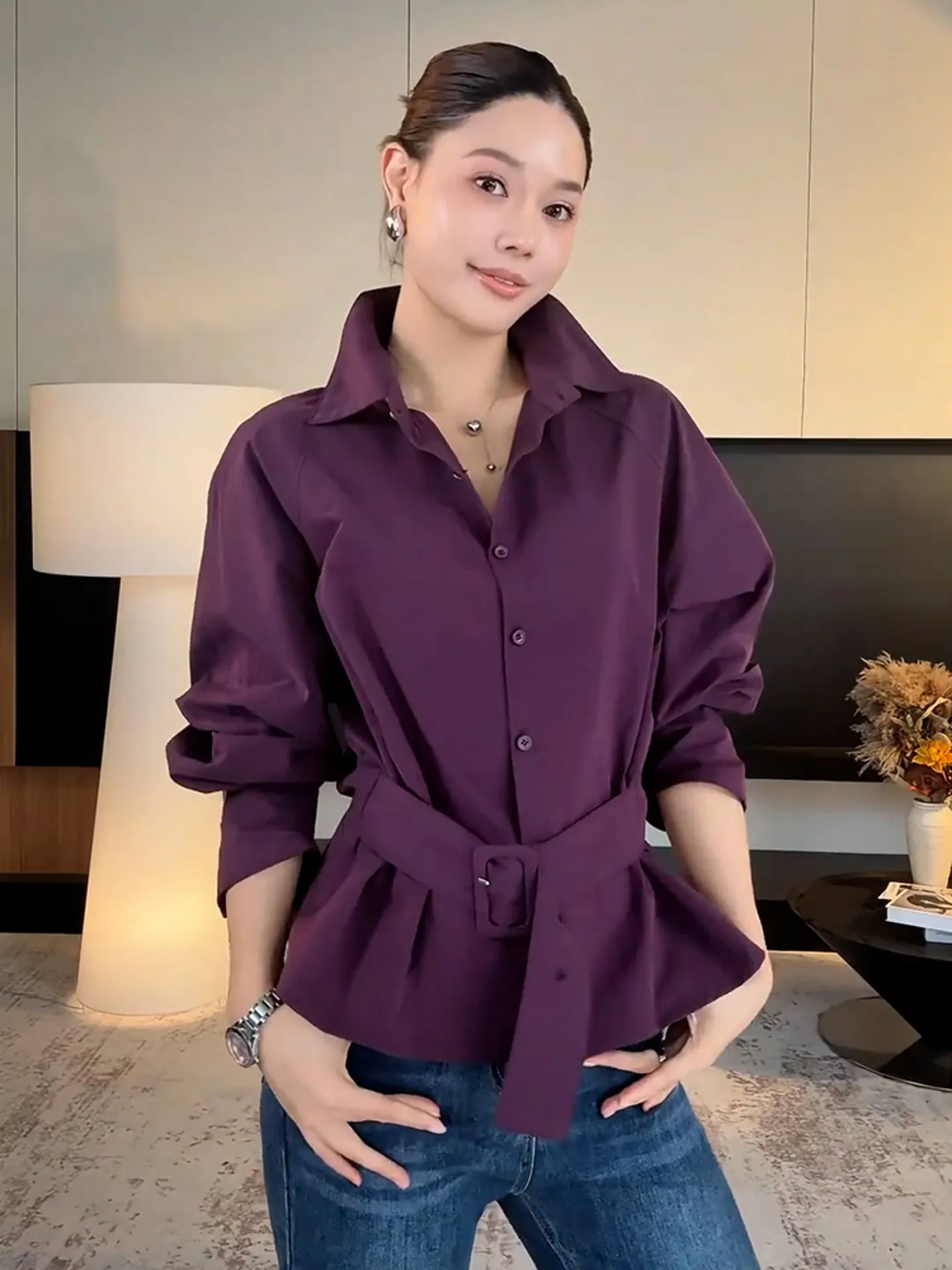 

Ele Purple Waist-Cinching irt for Women Spring Commute Unique Beautiful Luxury Feel Busin Casual Long Sve irt