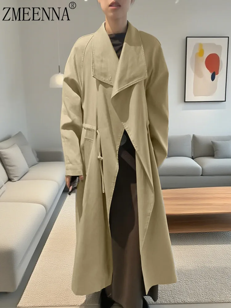 

ZMEENNA женский плащ цвета хаки, длинная куртка с лацканами большого размера, повседневная свободная верхняя одежда с завязками на талии, стильная ZM4104