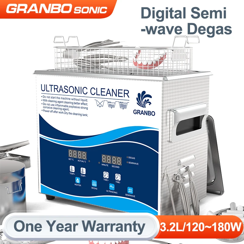 Granbosonic 3L Ultrasonic Cleaner 180W 40KHz Semiwave Degas Heating Bath for Dental Manicure Tattoo Instruments Maintenance