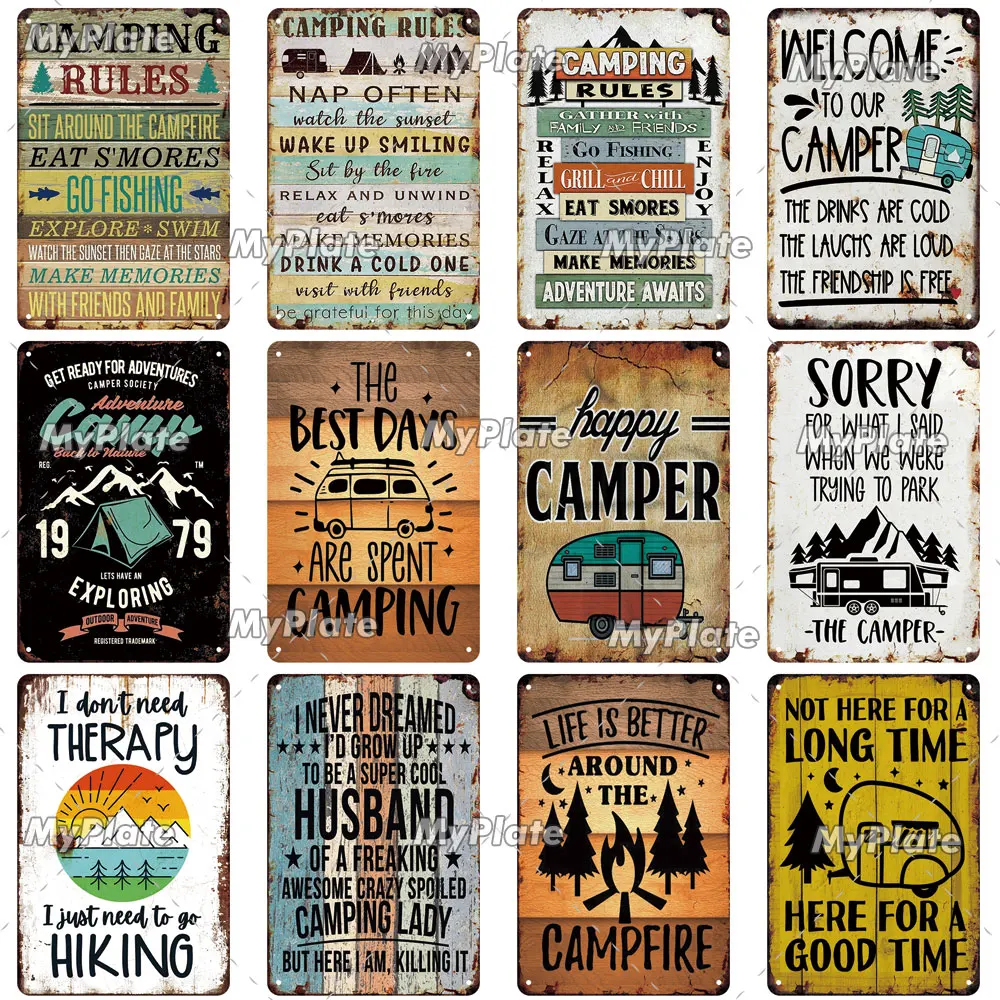 [MyPlate] Happy Camper Rules Wooden Sign Wood Plaque Plate Painting For Pub Bar Home Wall Decoration Poster Gift Custom Made