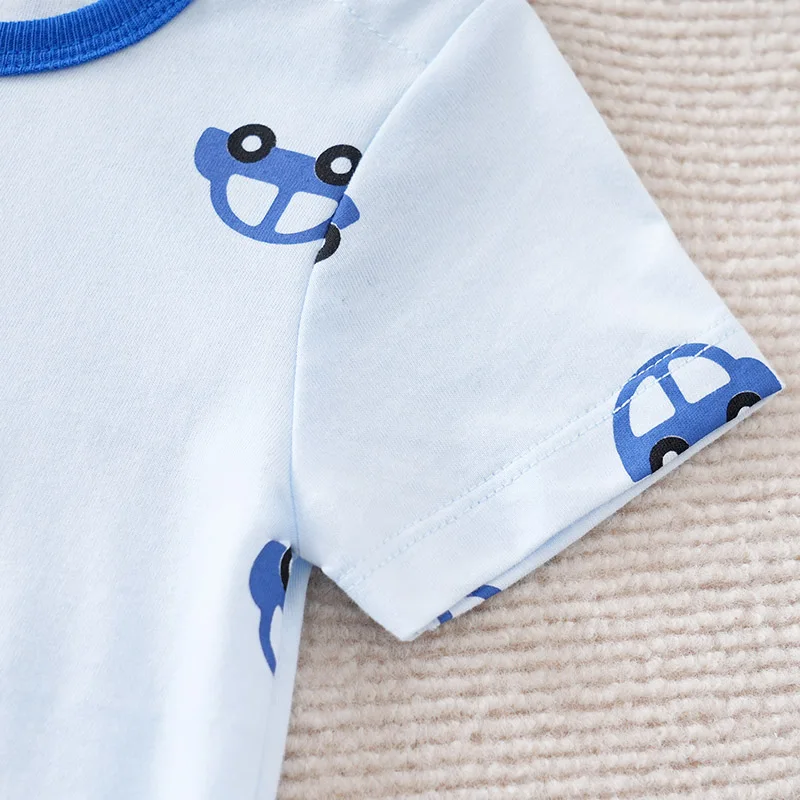 Newborn Boy And Girl Jumpsuit Baby Clothing Cute Cartoon Toy Car Baby Casual Full Print Light Blue Summer Short Sleeved Jumpsuit