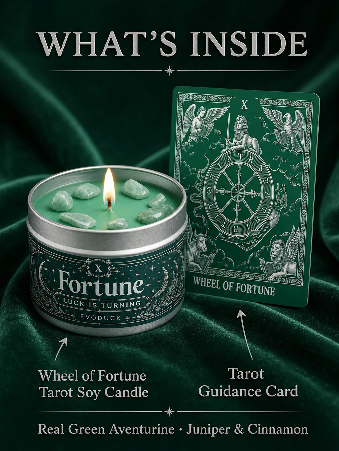 EVODUCK Wheel of Fortune Tarot Candle with Green Crystal Stones, Green Wax Scented Silver Tin Candle, Luck Is Turning Spiritual Ritual Candle for Meditation, Abundance Prosperity, Witchy Altar Decor, New Year Birthday Christmas Gift for Women Men