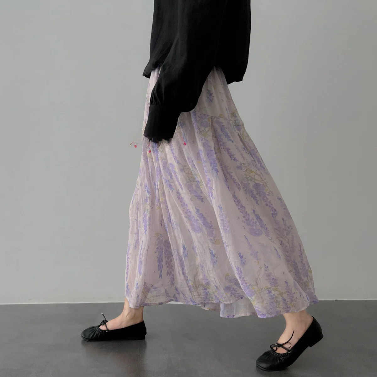

l Flax Mid-Length Skirt Women's Premium Spun Yarn f Skirt mid Waist Cake Skirt Floral Pattern Versatile Sle