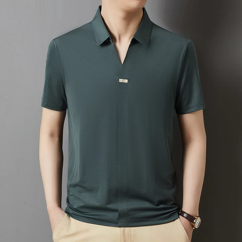 Summer New Scissor Neck Short Sleeve Polo Shirt Men's Solid Color Breathable Ice Silk Half Sleeve T-shirt Men's Hair Replac