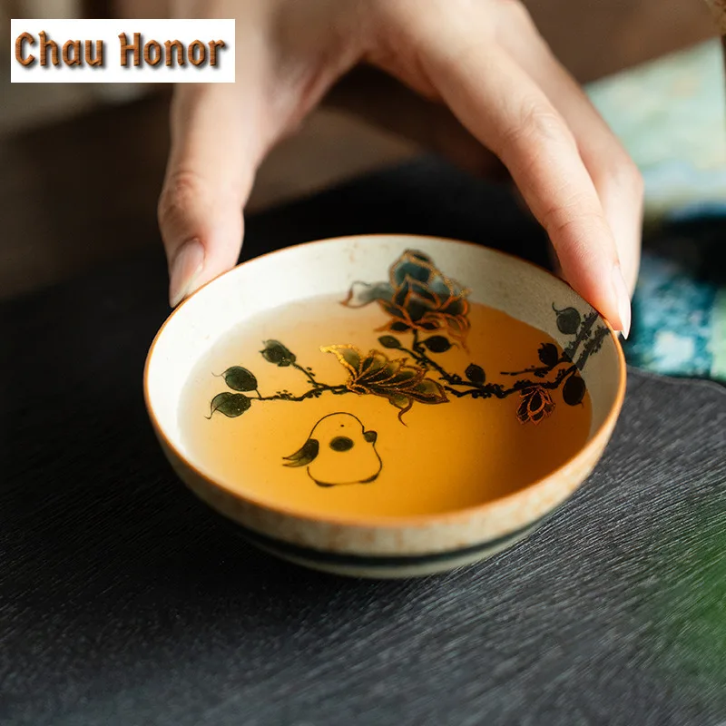 

100ml Boutique Blue And White Flint Red Teacup Handmade Gold Drawing Cute Rabbit Master Cup Large Puer Tea Bowl Meditation Cup