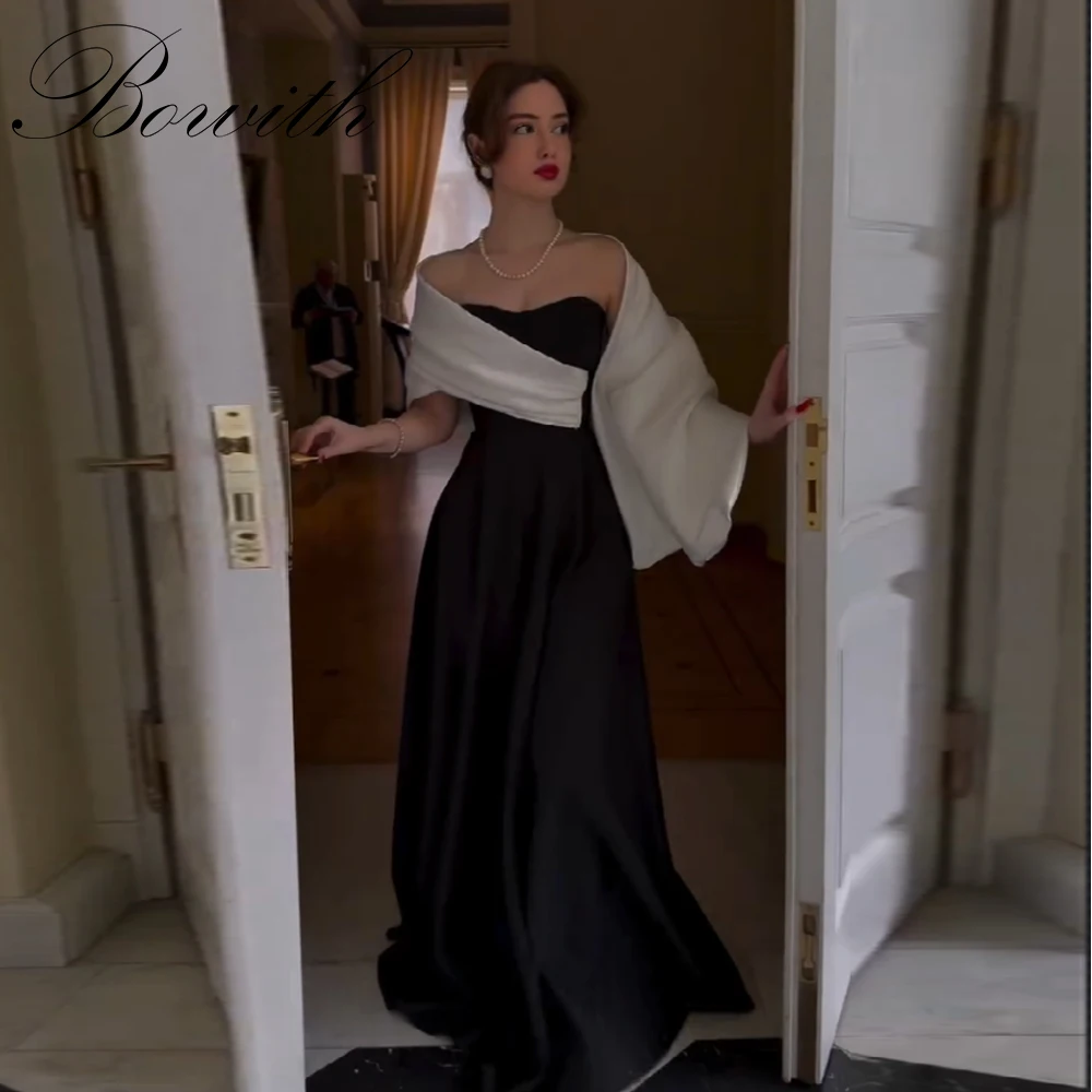

Bowith Formal Satin Evening Dresses with Shawl A-line Floor Length Prom Gowns Customized Black and White Party Dresses
