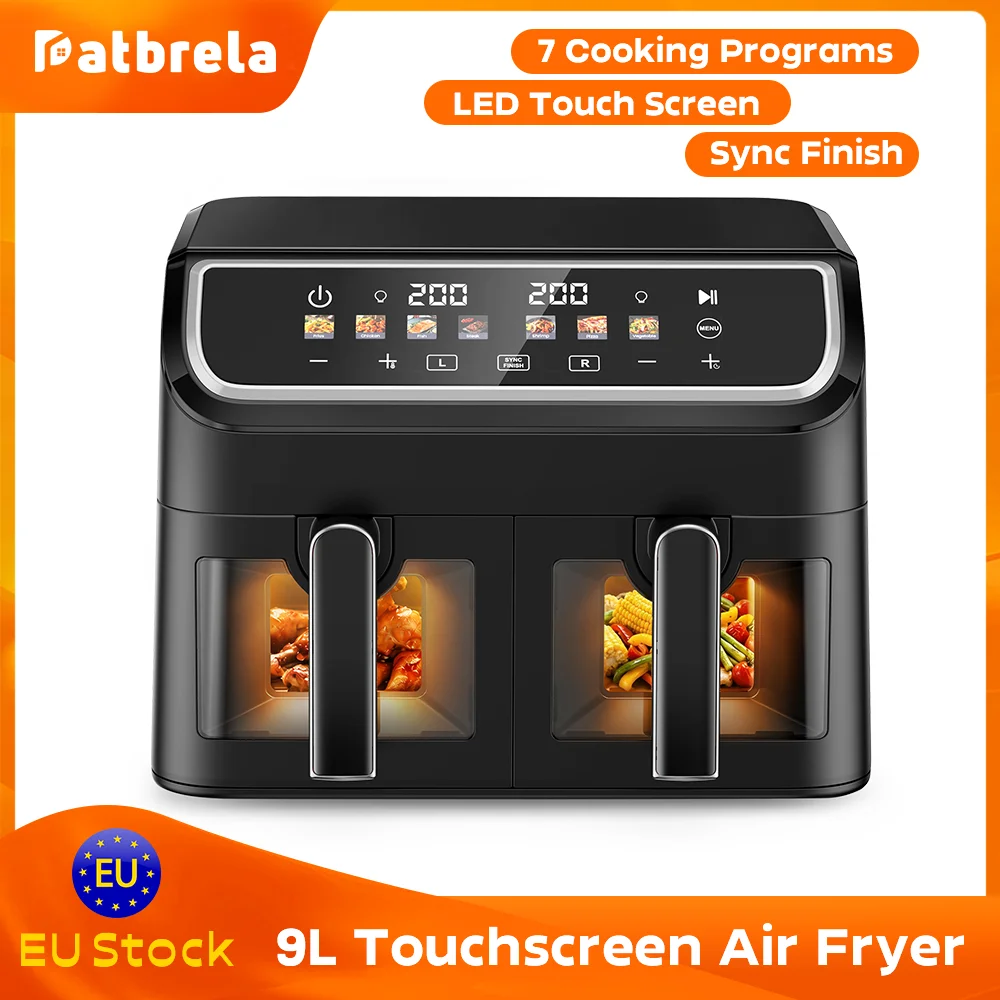 Forno Friggitrice ad Aria Doppia XXL da 9L con Due Cestelli, Funzione SYNC Match Cook, Controlli Indipendenti, 7 Programmi Alimentari Preimpostati, Funzioni Arrosto, Cottura, Riscaldamento, 2000W, Display LED a Colori