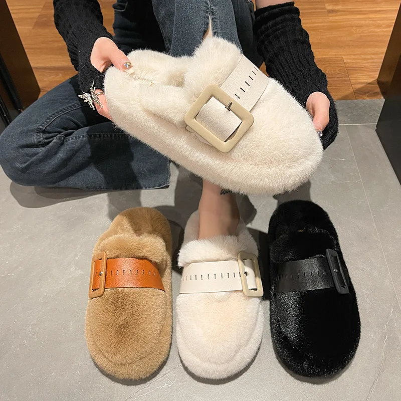 2024 Autumn and winter new niche design thick-bottomed fluffy slippers for women trendy flat-bottomed cotton slippers for women