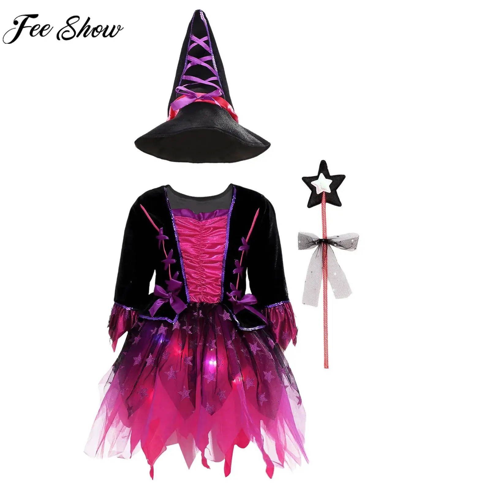 Children Girls Halloween Witch Wizard Cosplay Costume Long Sleeve Velvet Tutu Dress with Hat Magic Wand for Theme Party Carnival