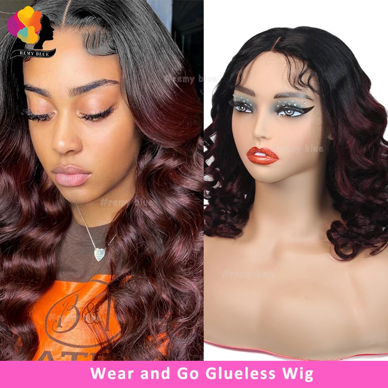 

4*4 Wear Go Glueless Curly Wave Wigs for Black Women Omber Burgundy Colored Lace Closure Human Hair Wigs Pre-Cut Lace Front Wig