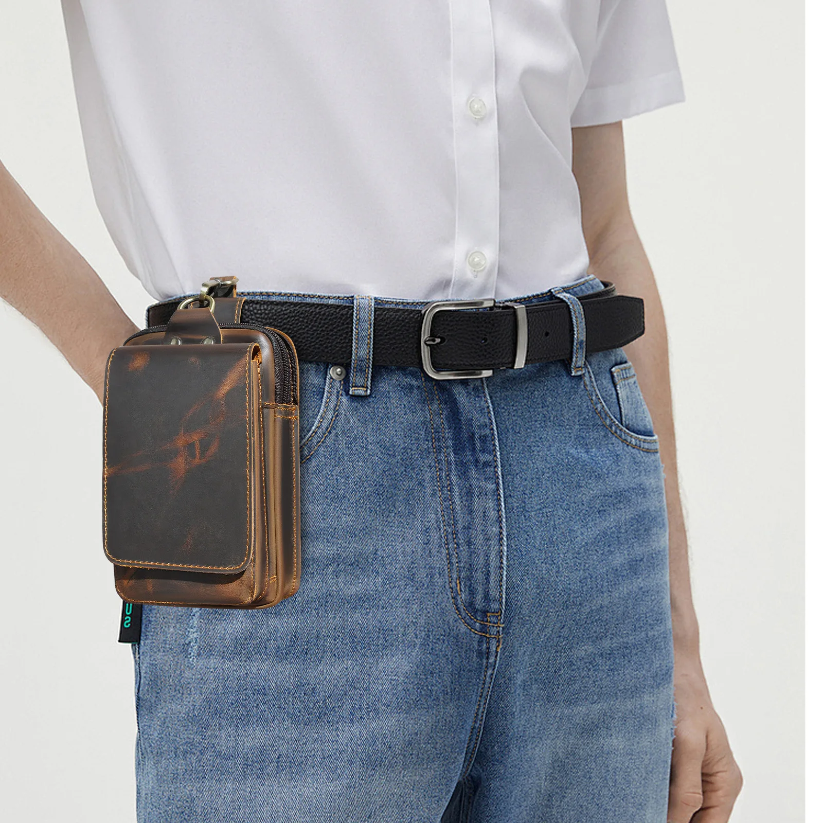 Bolsa de Cintura Masculina de Couro para Celular e Câmera, com Gancho, em Couro Crazy Horse, 6 Polegadas, Modelo 609