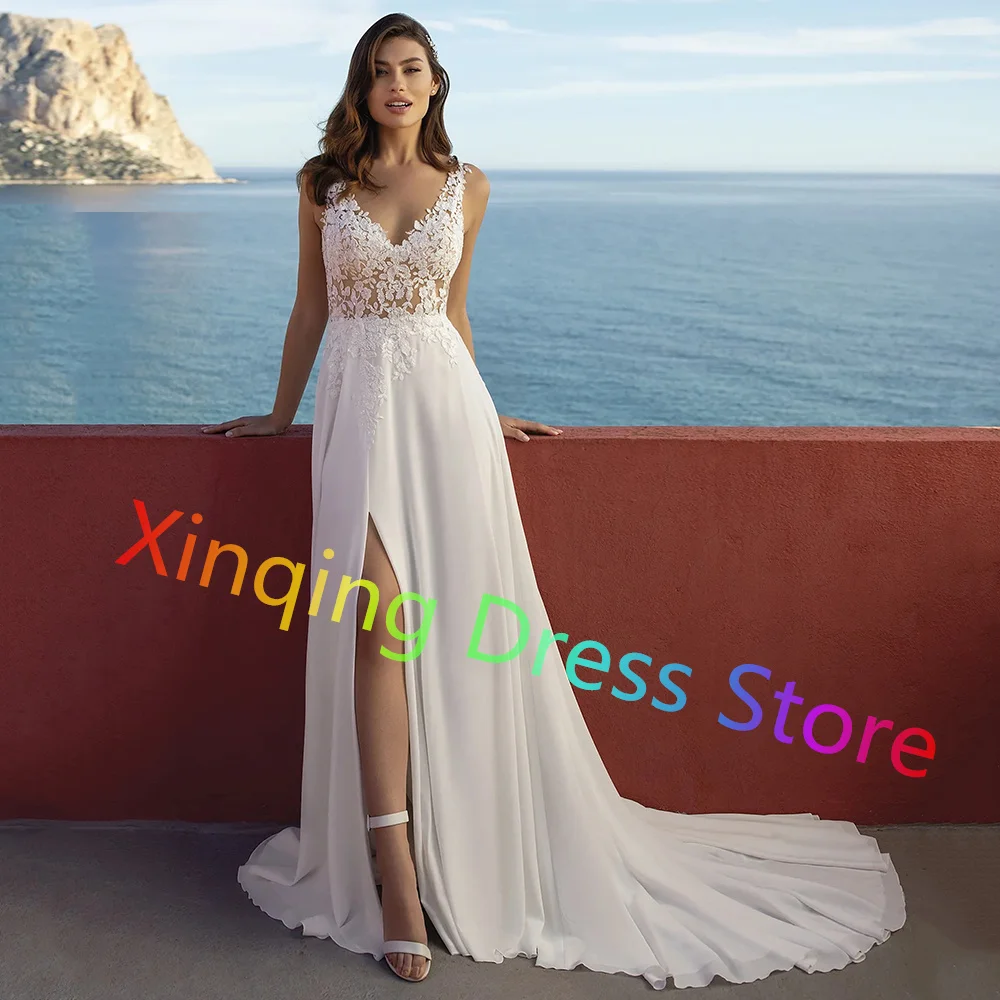 Classic Chiffon Appliques Beach Wedding Dresses with Side Slit V-neck Brush Train Button Back Bridal Gowns Vestidos De Novia