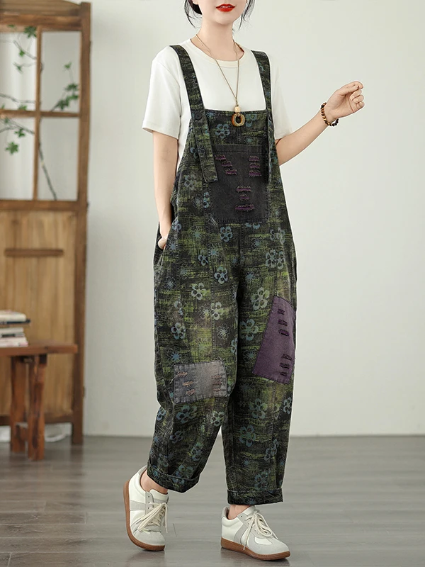 

Летние джинсовые комбинезоны большого размера из тонкого материала с цветочным принтом, повседневные свободные модные художественные женские брюки с высокой талией, девять брюк