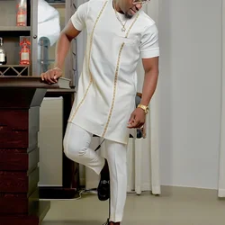 2024 New African Traditional Men's Set Luxury Brand Men's Suit White Casual Elegant Gentleman T-shirt Kaunda Style Two Piece Set