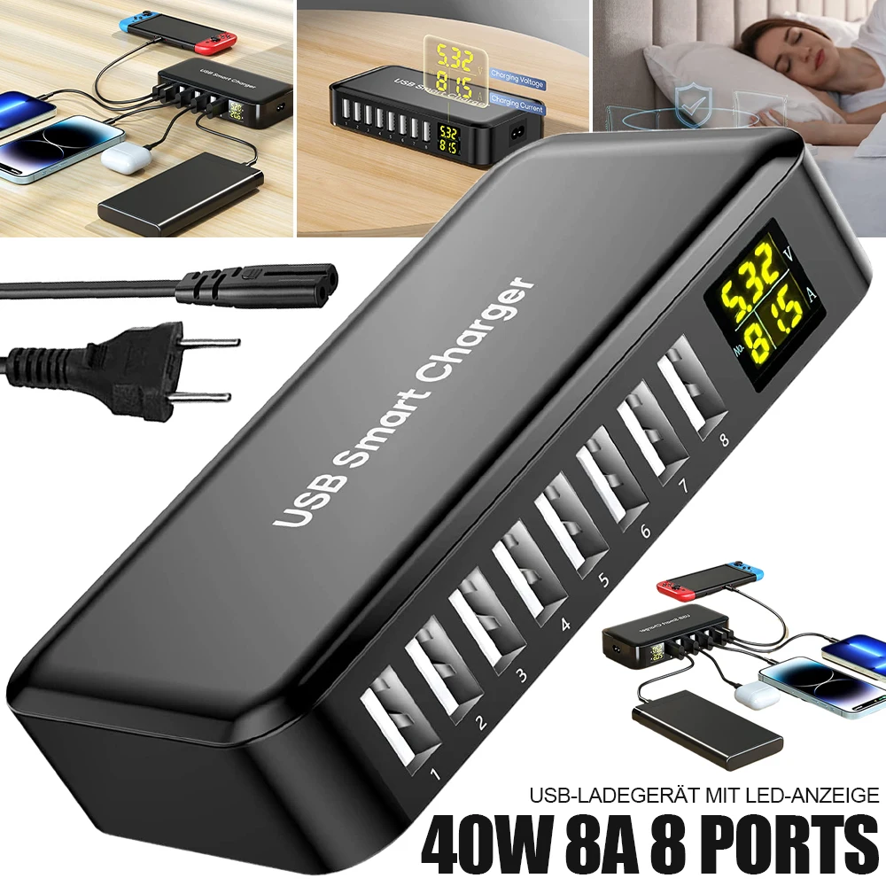 Ładowarka USB z wieloma portami, 40 W, 8 A, inteligentna stacja ładowania USB z 8 portami i cyfrowym wyświetlaczem LCD, wtyczka europejska, ładowarka do użytku na biurku, do ładowania wielu urządzeń,