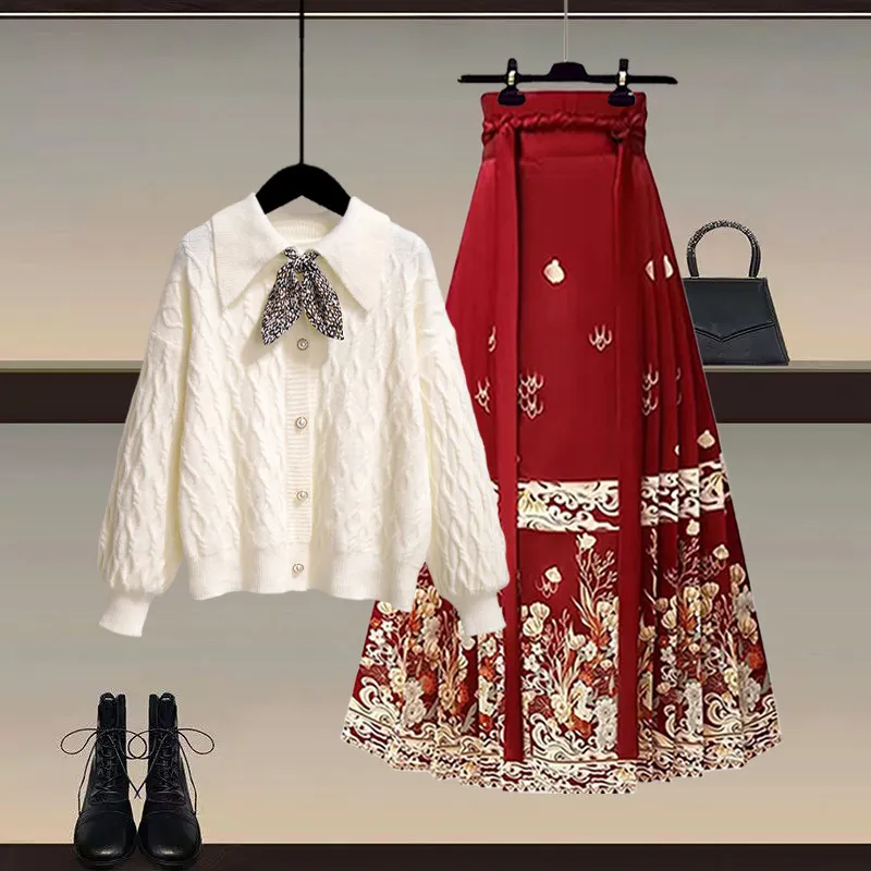 

Red New Year's Knitted Sweater And f Skirt Set Women's Winter New Sle Knot Modified Hanfu High Waist A-Line Skirt