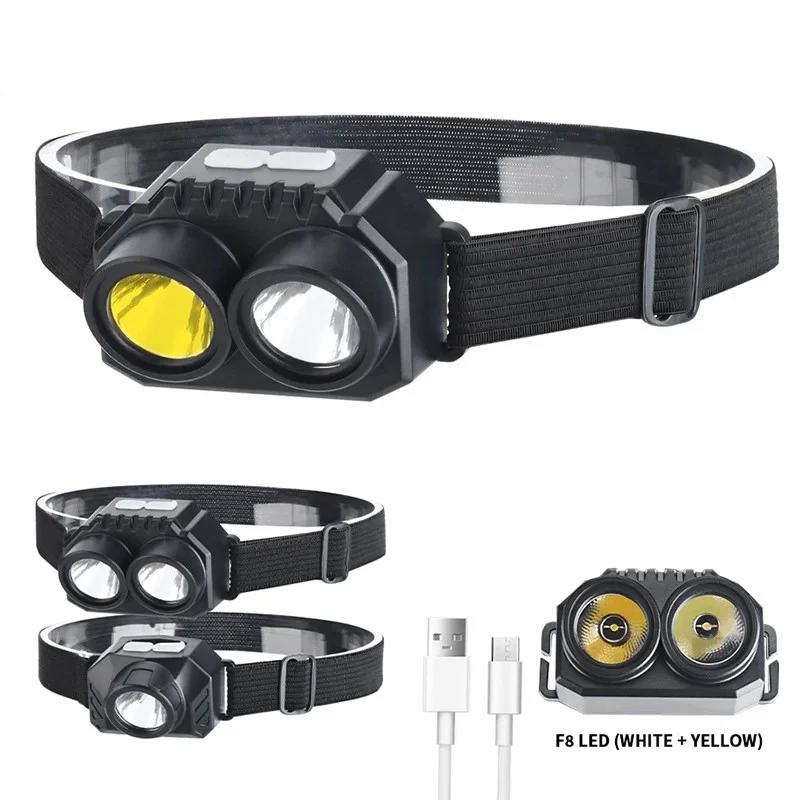 C5 Led Portable Headlamp with Yellow and White Dual Light Source Ultra Bright Wick Usb Charging Built-In Battery Riding Headlamp