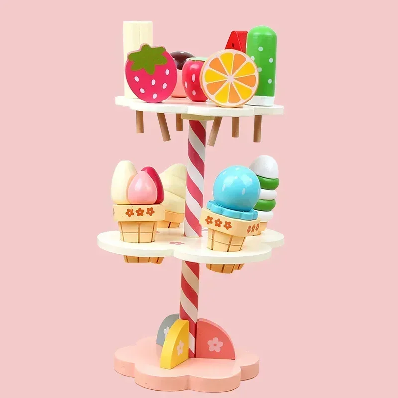 Kitchen Accessories Toy for Kid Pretend Play Wooden Ice Cream Counter Playset for Toddler Toys Montessori Pretend Play Food Toys