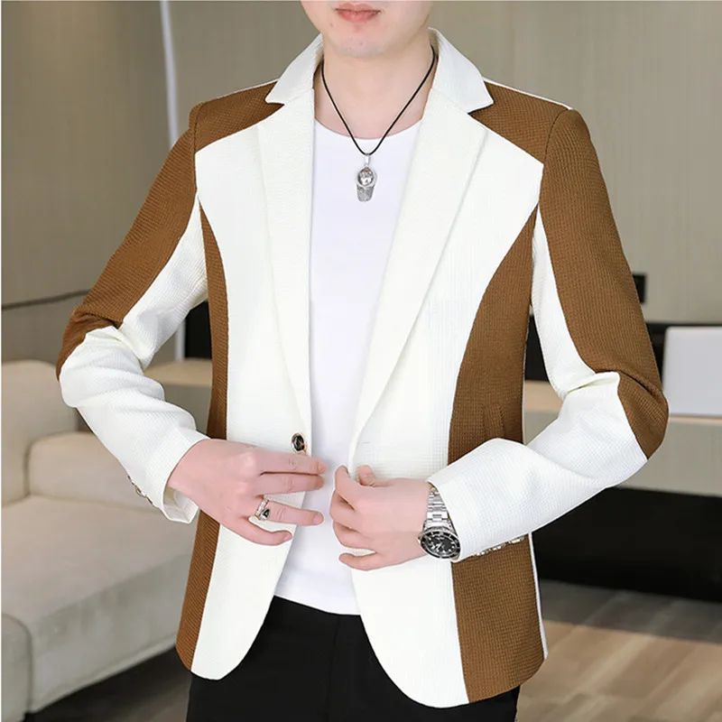 White Single Button Patchwork Suit for Men's Business Leisure Jacket, Fashion Mens Dance Party Luxurious Slim Fit Blazers