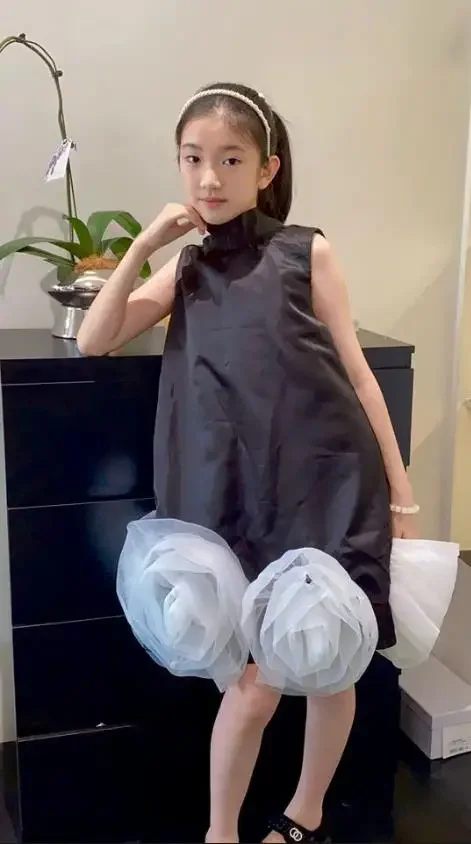 Summer Boutique Kids Clothing Black Hepburn Style Flower Sleeveless Girls Dresses A3954 Vestidos Girs Birthday Pageant Dress