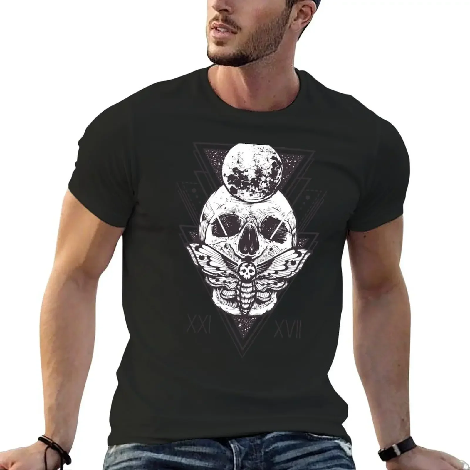 

Goth shirt for Men Women Girl tee shirt, Horror Occult Graphic shirt, Geometric Hawk Moth Insect Skull Moon Gothic Unise T-Shirt