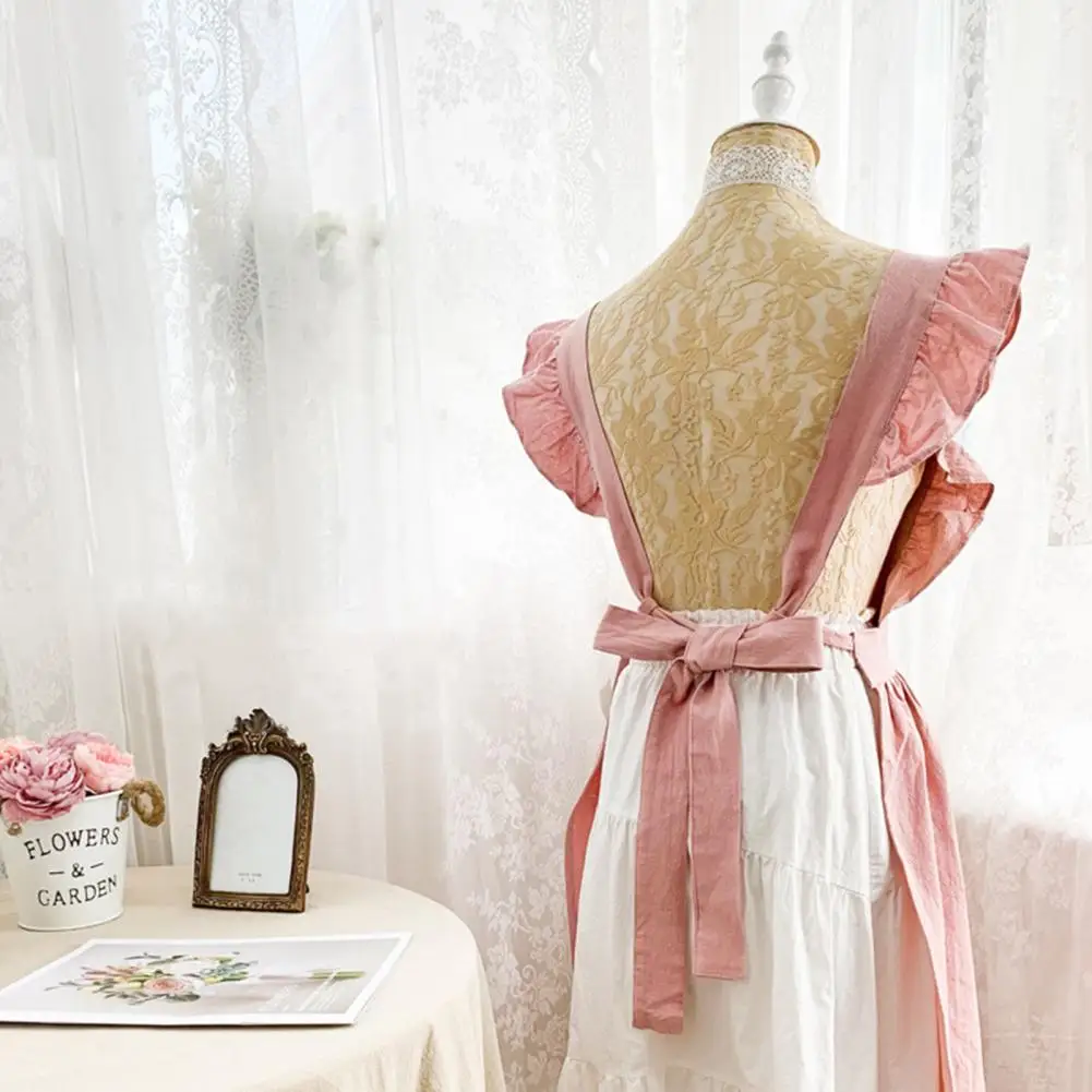 Washed Cotton Linen Lace Kitchen Aprons Flower Shop Garden Ruffles Work Clean Apron for Woman Dress