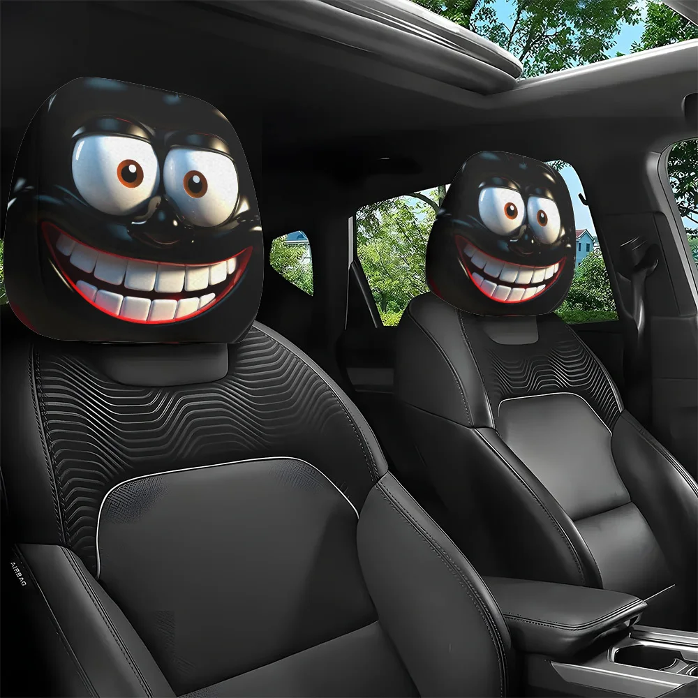 Two black smiley face car headrest covers with expressive eyes and sharp teeth, holiday gifts, anti-oil and anti-stain