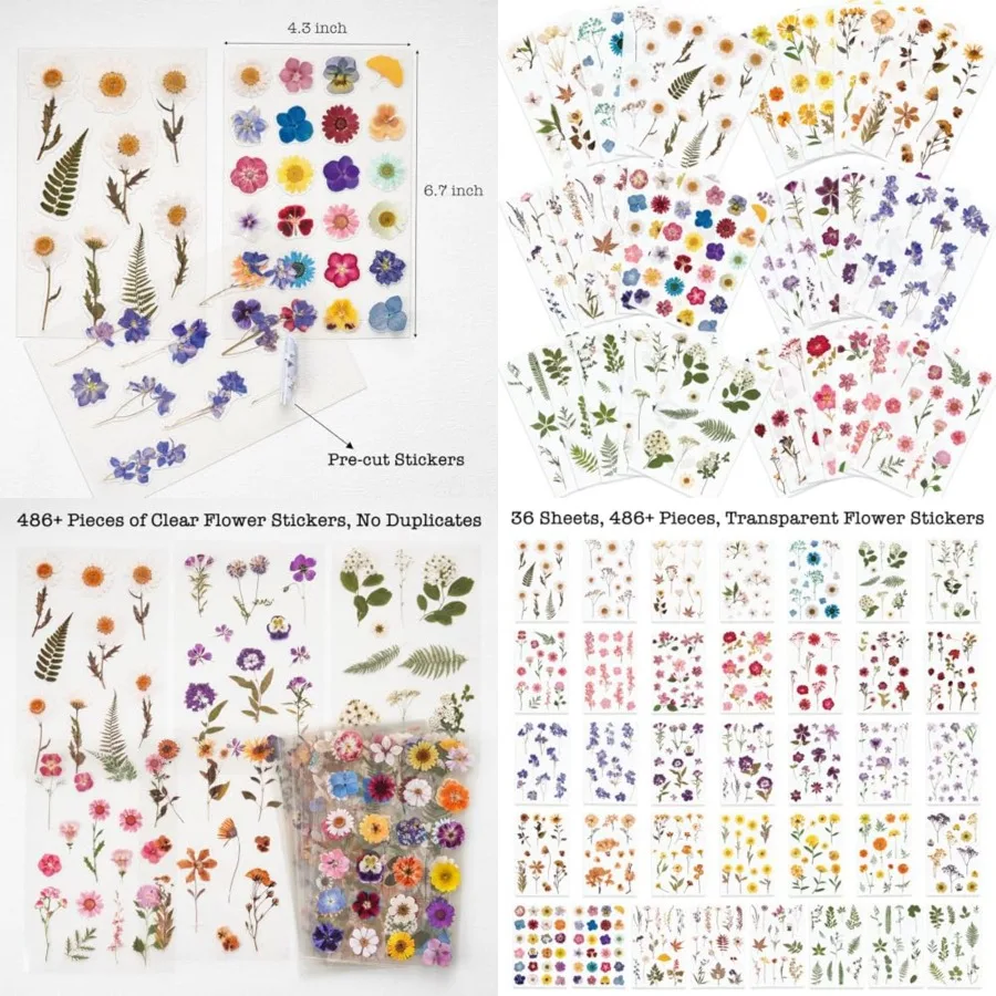 

Наклейки с прессованными цветами, ассорти, 486 шт., 36 листов, наклейки из сушеных цветочных смол для ботанического журналов, принадлежности для скрапбукинга