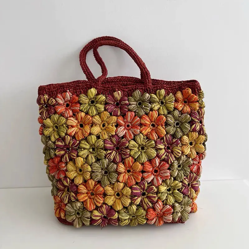 2025 New French Fashion Handmade Flower Natural Raffia Straw Grass Bag For Women Luxury Designer Handbags Beach Tote Bag