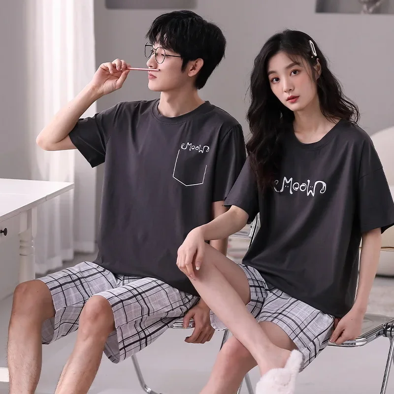 Couples Pajamas Women‘s Summer Short-sleeved Shorts Sleepwear Simple & Loose Men‘s Home Clothes Can Be Worn Externally in Summer