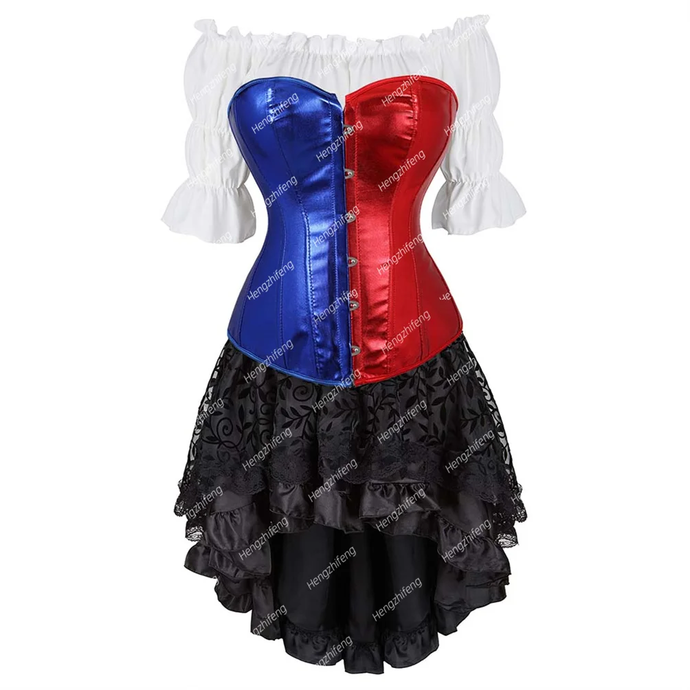 

Corset Gothic Dress with Blouse Burlesque Corsets Basque Bustiers Costumes Red Blue Corsage Outfits Halloween Costume Plus Size