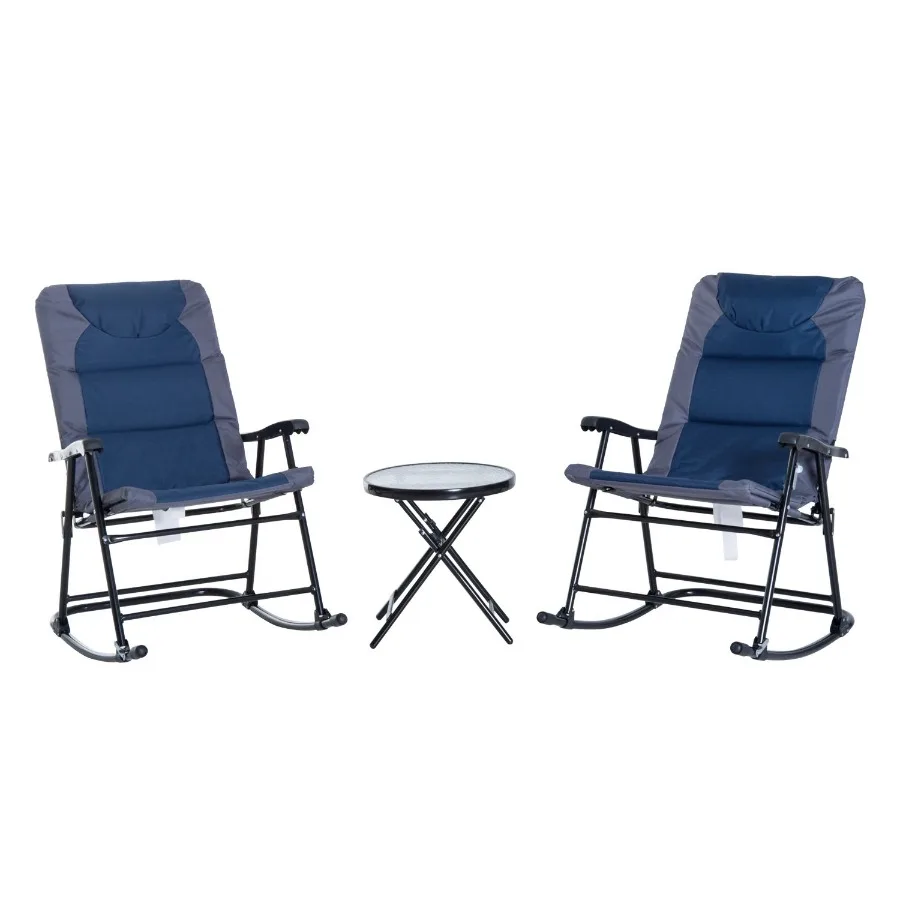

3 Piece Outdoor Patio Furniture Set with Glass Coffee Table 2 Folding Padded Rocking Chairs Bistro Style for Porch Camping Bal