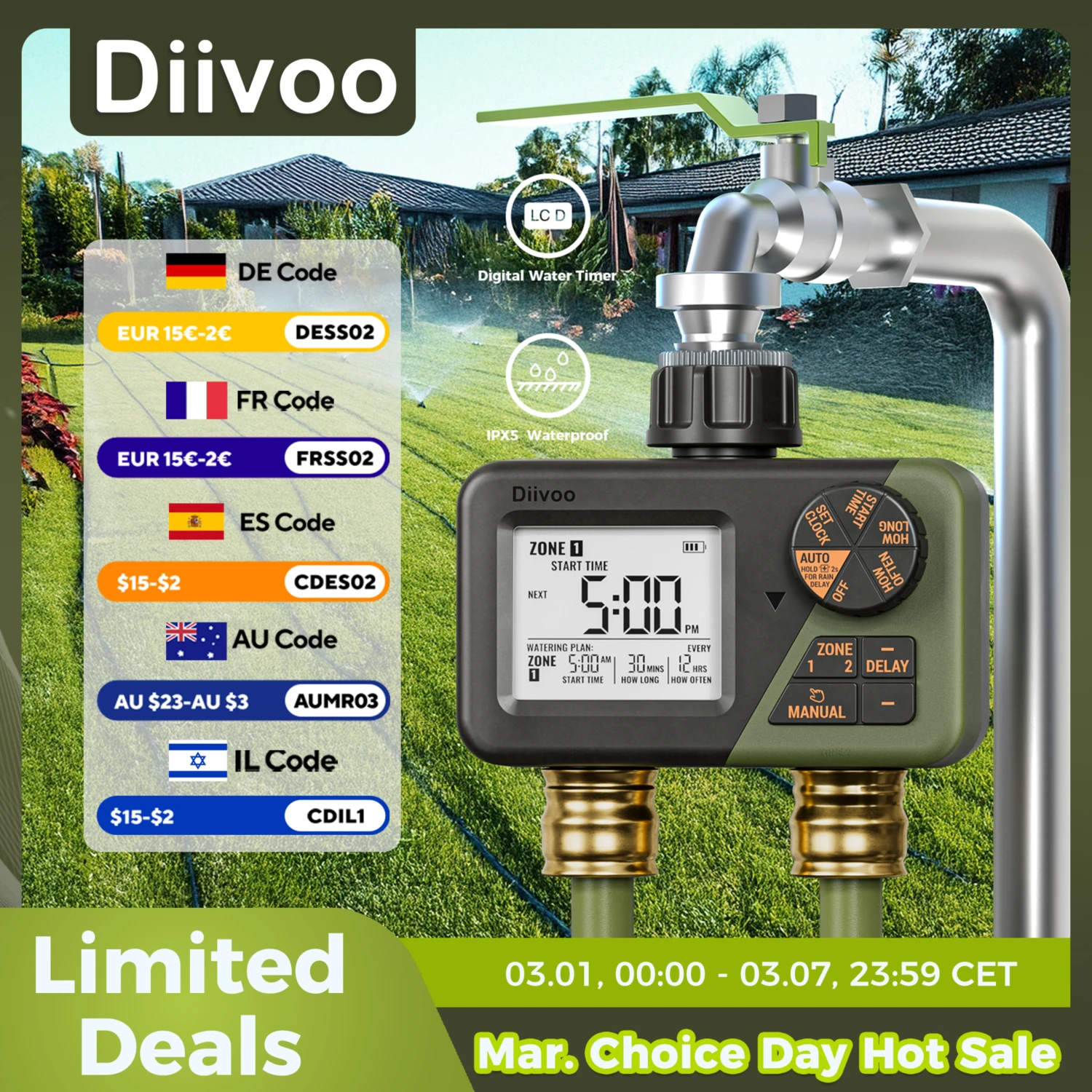 

Diivoo Garden Water Timer 2 Outlets IPX5 Waterproof Multi-Functional Automatic Irrigation Timer with Rain Delay/Manual/Auto Mode