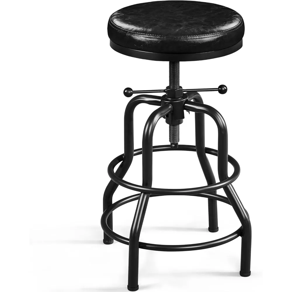 Industrial Bar Stools Vintage Counter Height Adjustable Metal Bar Stool with Round Faux Leather Seat Kitchen 21.5-28 Inch Tall
