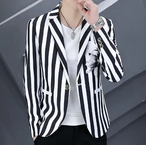 New Men\'s Black and white stripe Long Sleeves Dress Formal Cotton Blend Slim Fit One Button Suit Jacket Coat 21.99