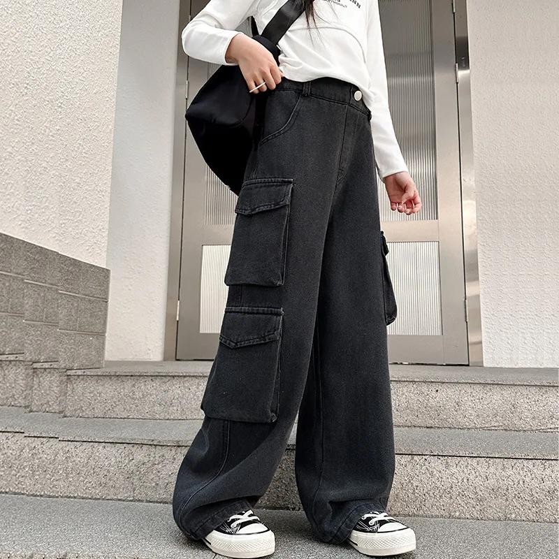 Children Fashion Streetwear Vintage Washed Heavy Jeans Cargo Pants For Kid Girl Hip Hop Multi Pocket Straight Denim Trousers