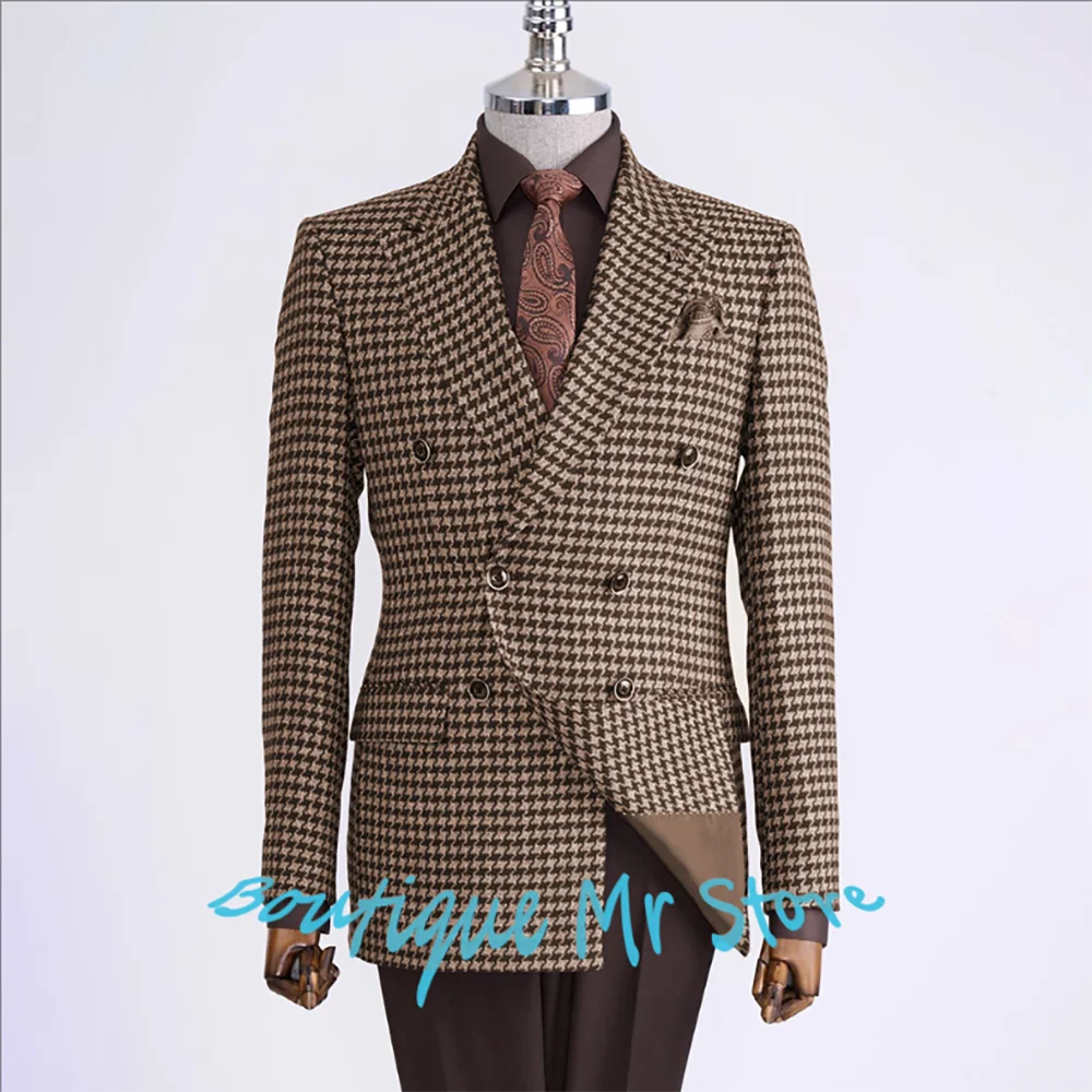 

Luxury Man Brown Houndstooth Jacket Double-breasted Two Piece(Blazer+Pants) Suit Set for Business Formal Wedding Party