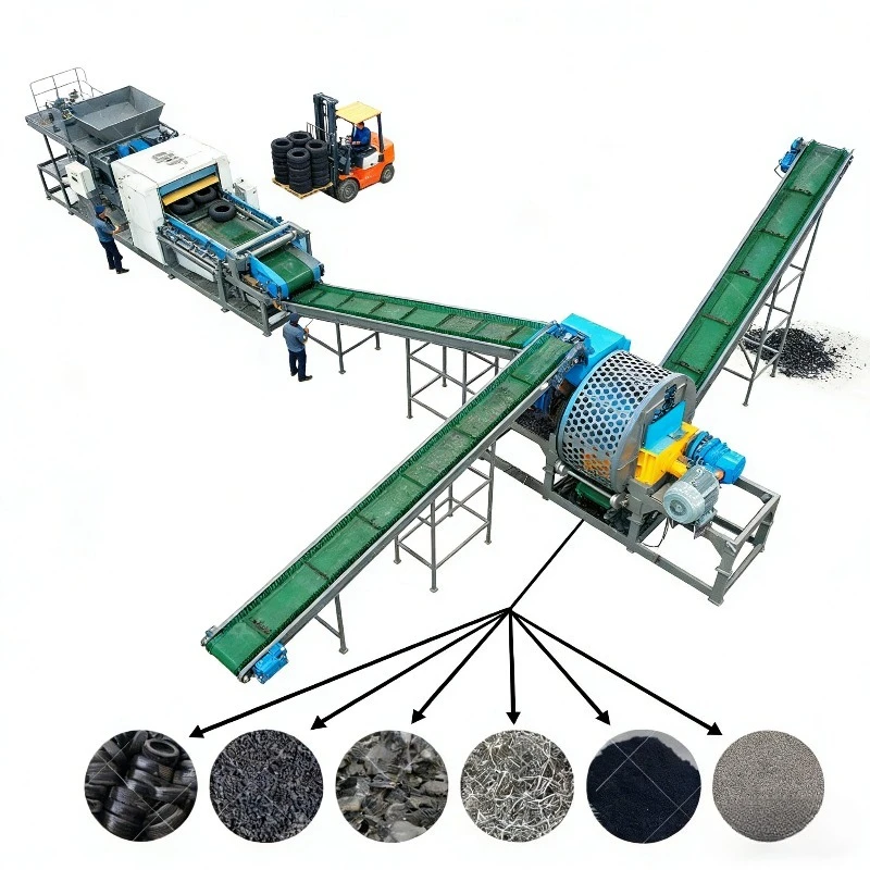 Complete Tire Recycling Production Line Automatic Waste Tyre Shredding Granulating Steel Wire Separation Rubber Crumb Powder Mak