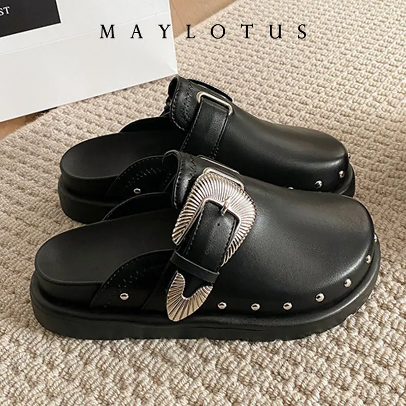 2025 женские тапочки на платформе с заклепками, кожаные сабо в стиле панк-рок, креативная металлическая фурнитура, повседневная обувь для вечеринок, женские уличные шлепанцы