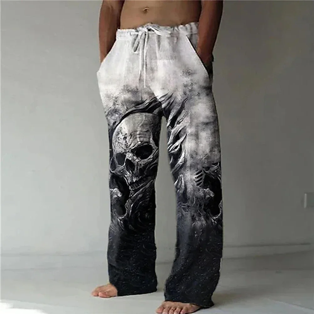 Men's Gothic Skull Gradient Print Wide Leg Casual Pants Breathable Halloween Party Streetwear Trousers with Drawstring Pockets