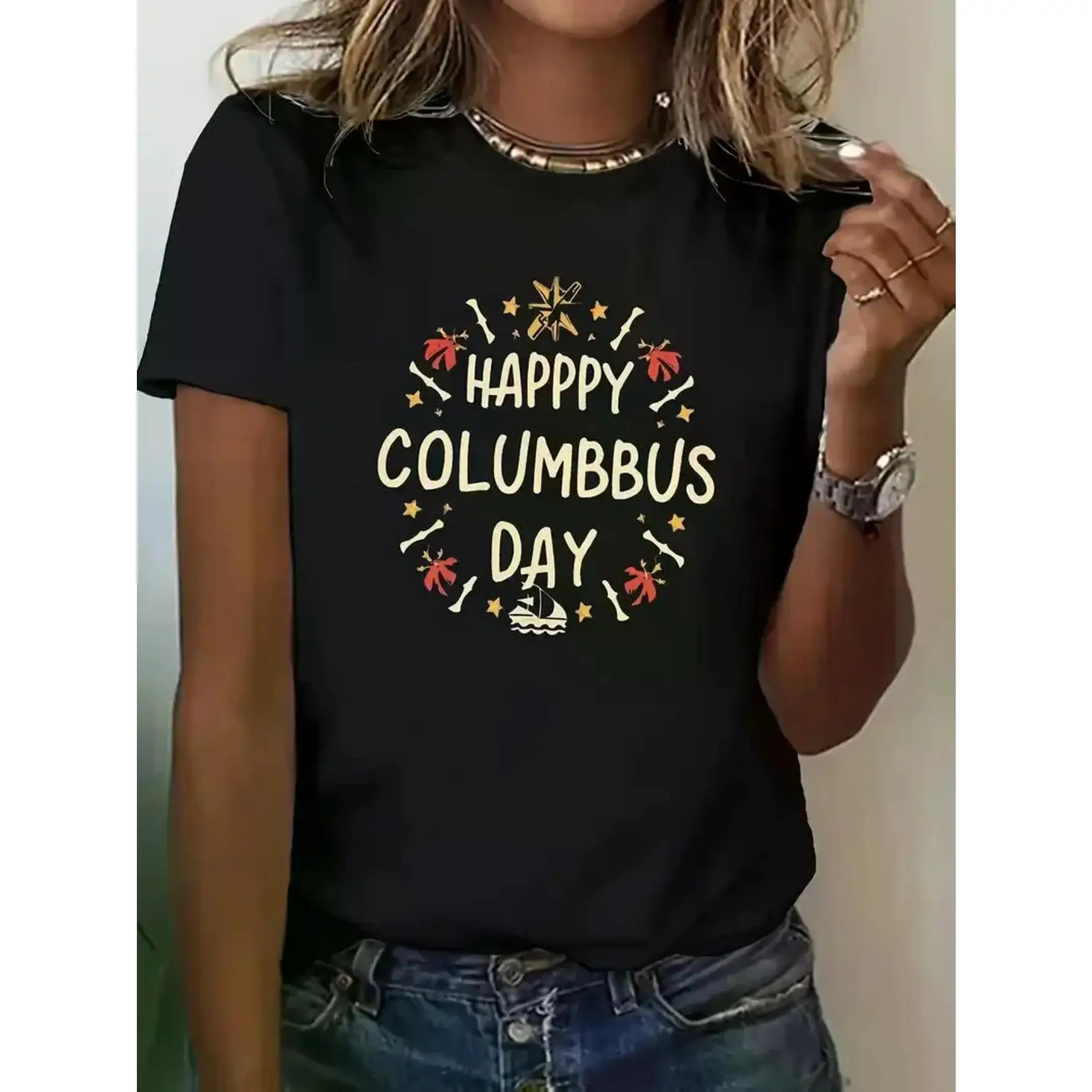 

Happy Columbus Day T-shirt Festive Graphic Tee Holiday Celebration Party Tops for Women Men Casual Trendy Gifts