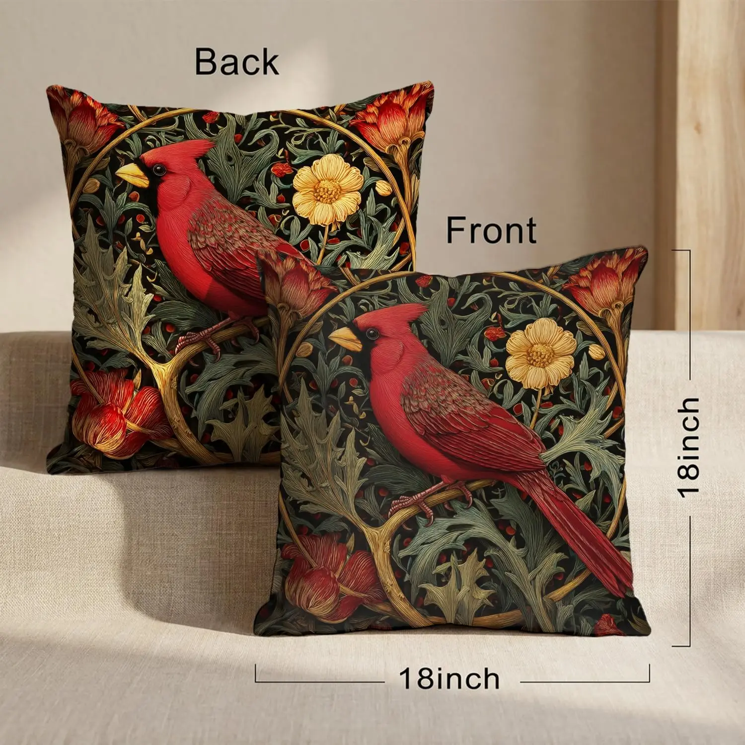 Detailed Vintage Cardinal Bird Pillow Covers Botanical Nature Illustration Cushion Throw Pillow Home Decor Art 40x40cm