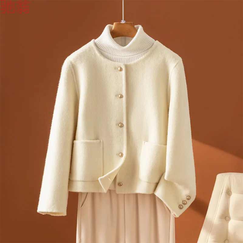 

Женское короткое новое двустороннее пальто из 100% шерсти, женское весенне-осеннее корейское модное шерстяное пальто с круглым вырезом и длинными рукавами, тонкая одежда