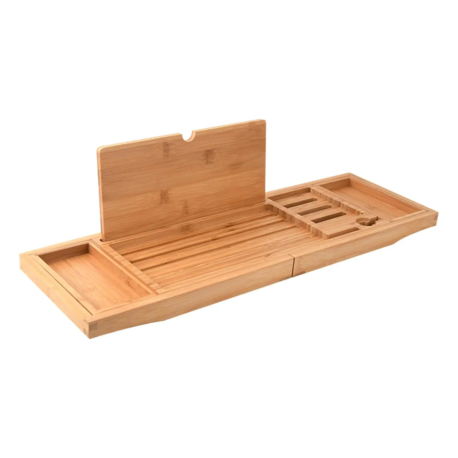 Extendable Bathtub Caddy Tray Wooden Organizer Rack with Wine Glass Candle Holder for Bathroom Accessories