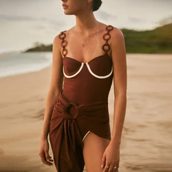 2024 Swimsuit Ring Decoration Brown One Piece Women Swimwear Vacation Beachwear Clearance Wholesale